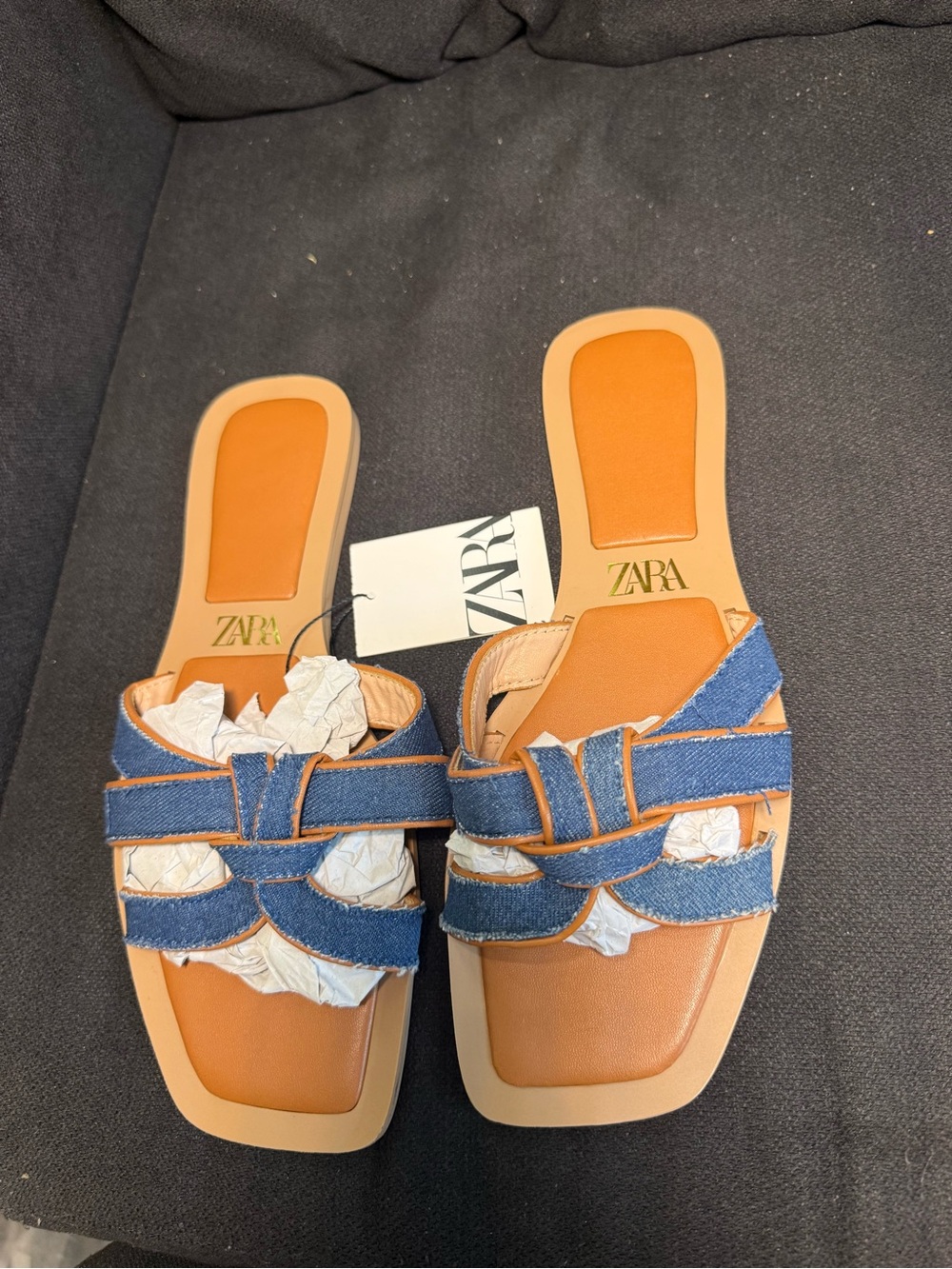 Zara Tan Footbed Denim Strap Slide Mules